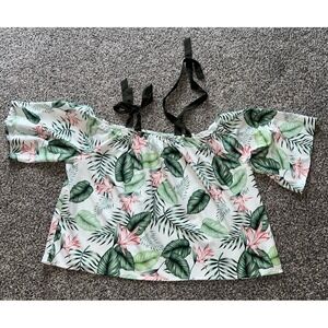 SHEIN women's palm leaf print off the shoulder tie straps top size‎ 4XL